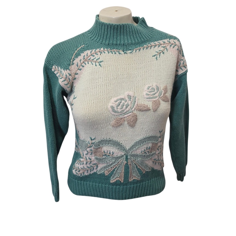 Vintage Lauren Cole Petites Floral Embroidered Ramie Cotton Mock Neck Sweater S